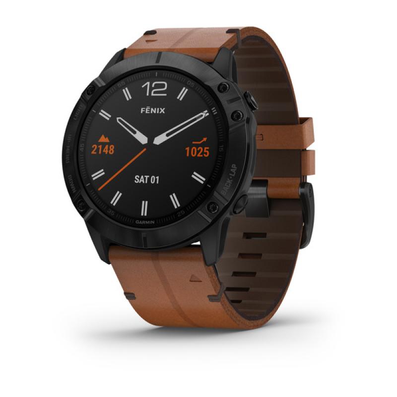 Fenix 6X - Black Sapphire Edition with Brown Leather Strap